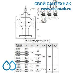 10257 Honeywell, V5050A1165 Клапан трехходовой линейный смесительный фланцевый, PN25, DN32, Kvs 16.0, 20мм, 2…220 °C